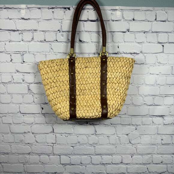 Straw Studios Handbags - Straw Studios Large Straw & Leather Tote Bag